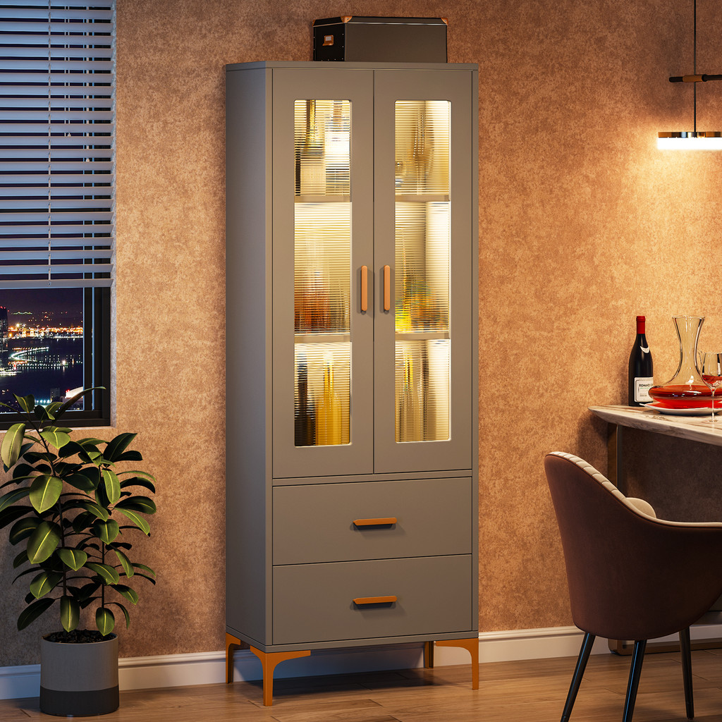 Gray tall cabinet with glass doors in a dining area